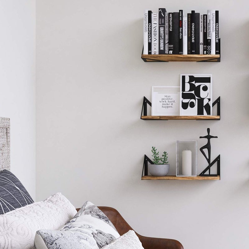 Wallniture Minori Floating Shelves Set of 3, Small Bookshelf Unit for Living Room, Office, and Bedroom, Natural Burned Rustic Wood Wall Decor with Metal Floating Shelf Bracket 6D x 17W x 5.5H in - Image 4